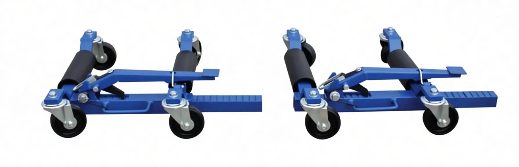 Side profile of two adjustable blue mover skates showing sliding rails, foam rollers and caster wheels