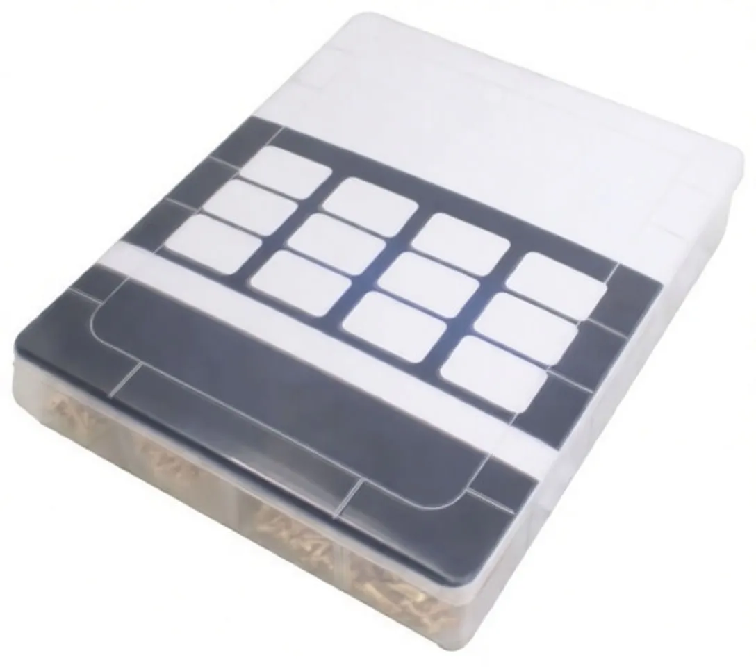 Closed clear plastic storage case with product label showing brand, barcode, part number and visible brass terminals inside