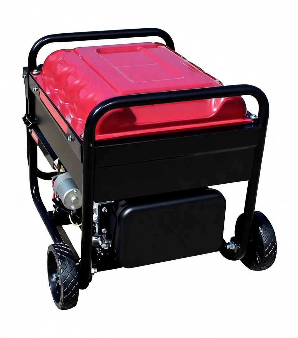 Side-front view of inverter generator with handle extended, showing panel connectors, cable and accessories on white background.