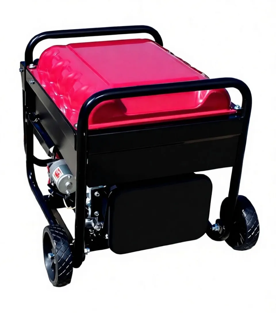 Top-rear perspective of the red-tanked inverter generator showing fuel cap, model badge 'S-THOR501G INVERTER', wheels and vented guard.