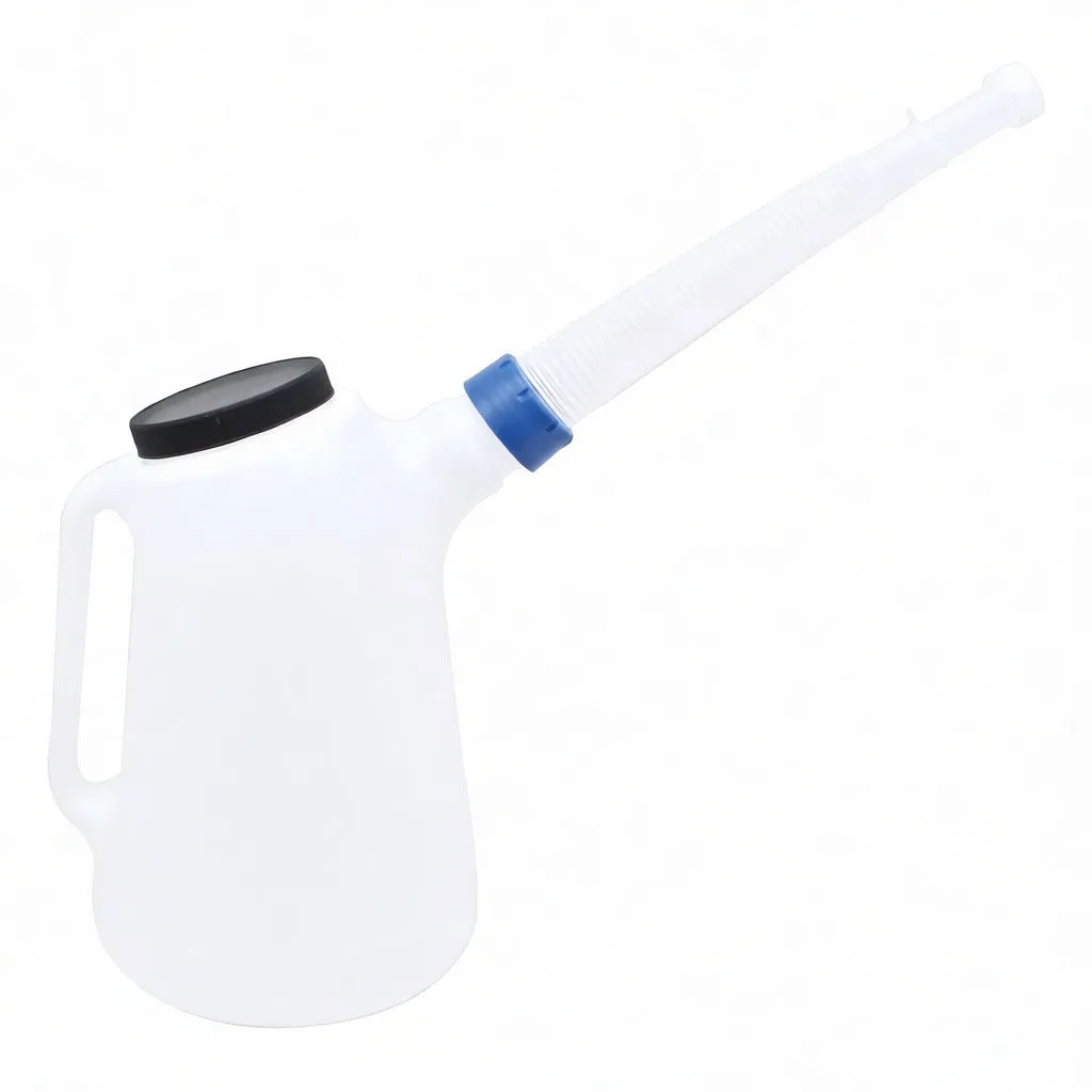 White pourer with long ribbed spout attached and blue coupling, black top cap and 'saTra' branding