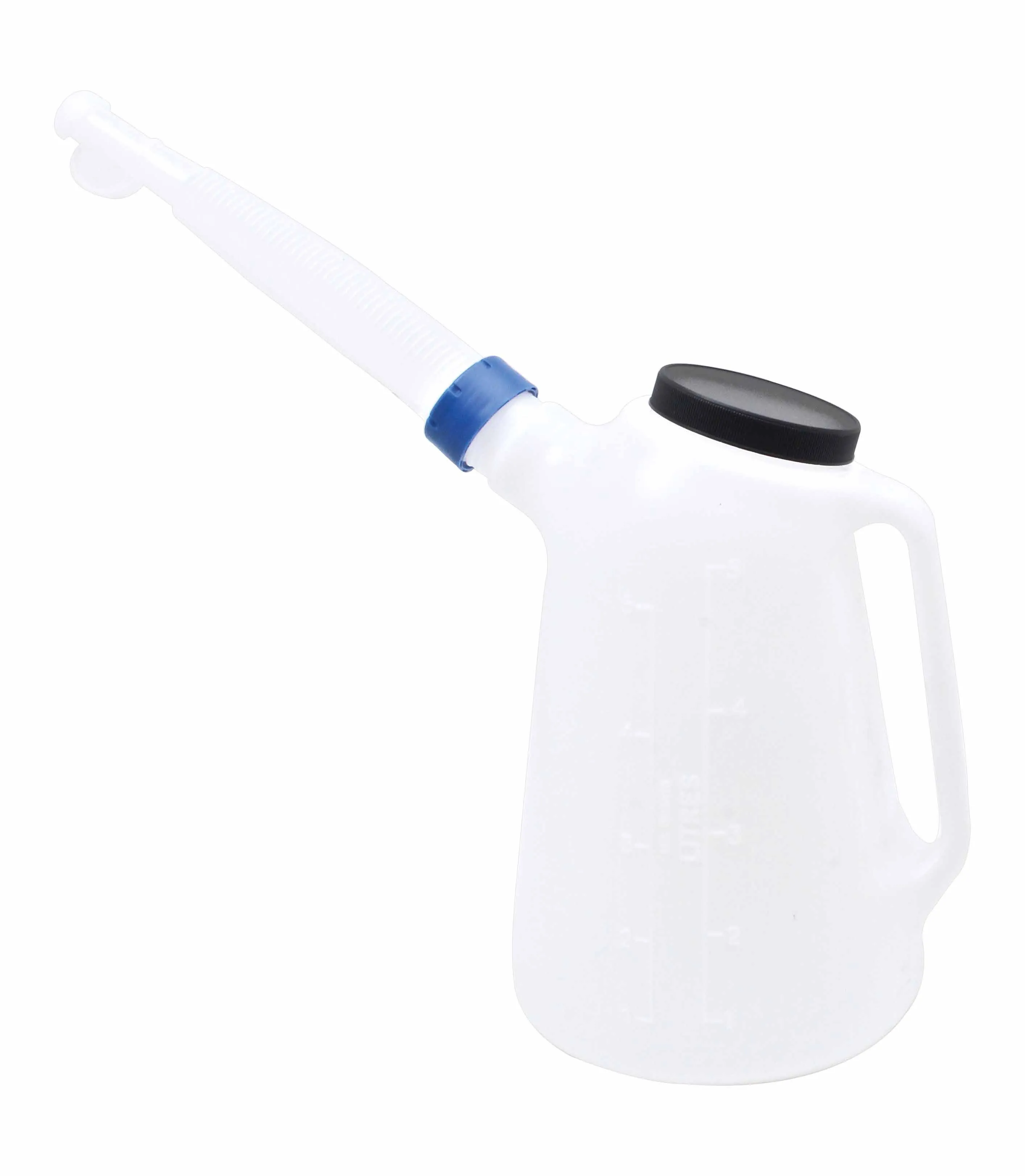 Translucent plastic pouring can with attached flexible spout, black cap, handle and visible volume graduations