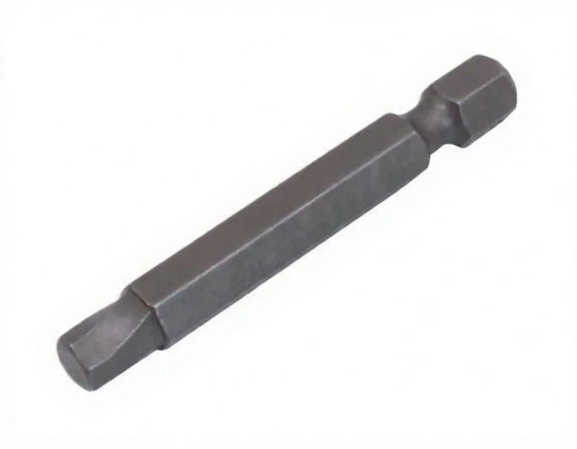 Angled view of dark grey 50mm hex bit (1/4" shank, 5mm tip) with A-H50E marking and brand logo on its flat face