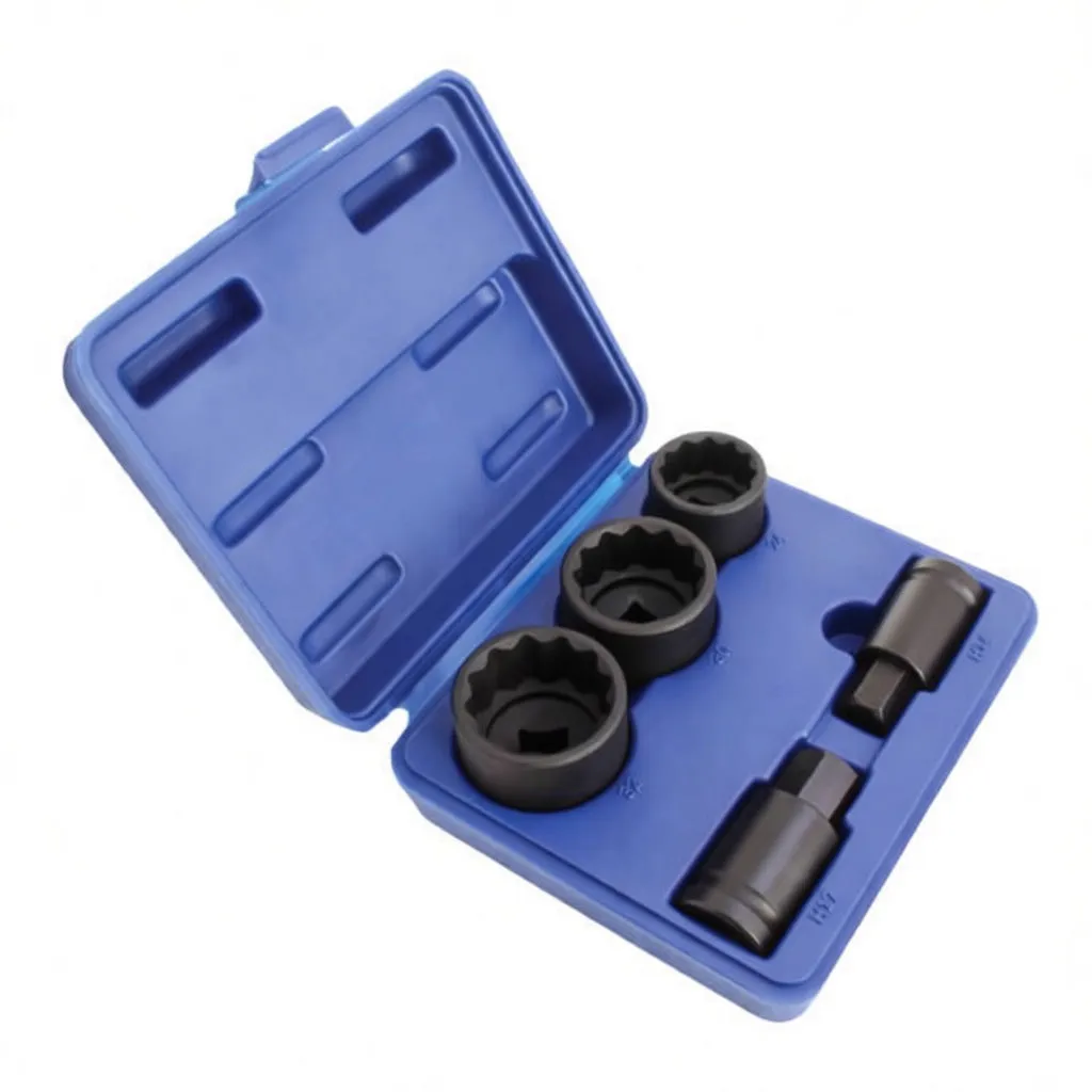Angled perspective of blue case with three 12-point sockets and two adapters, lid open.