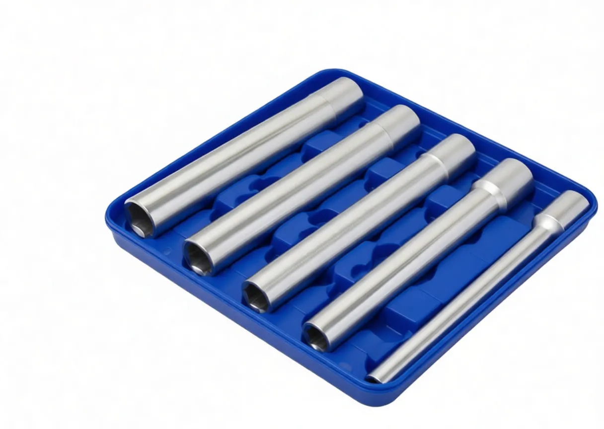 Angled view of open blue case holding five long chrome sockets with visible stamped markings on the heads