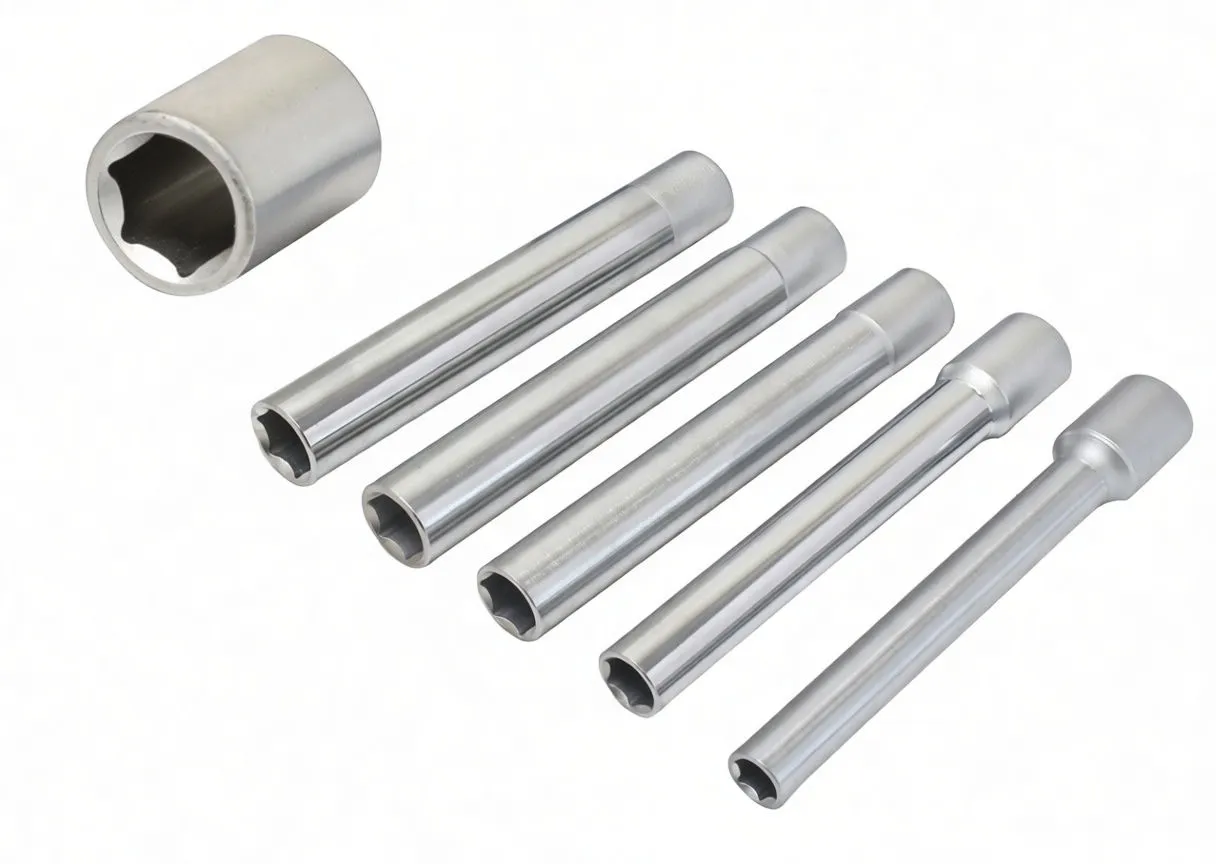 Five long chrome 6-point deep sockets on white background with inset close-up of the 6-point internal profile