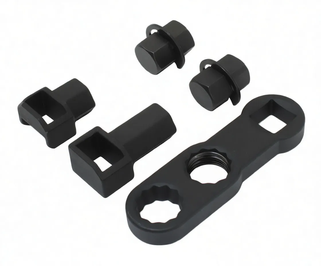 Five black automotive belt-tensioner tools on white background: two adapters, two cylindrical fittings and one double-ended spanner with printed markings.