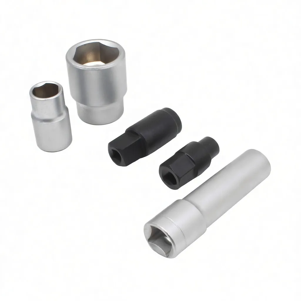 Five injection cap socket components laid out: two silver sockets, two black injector sockets, and a long silver extension, all marked 'satra'