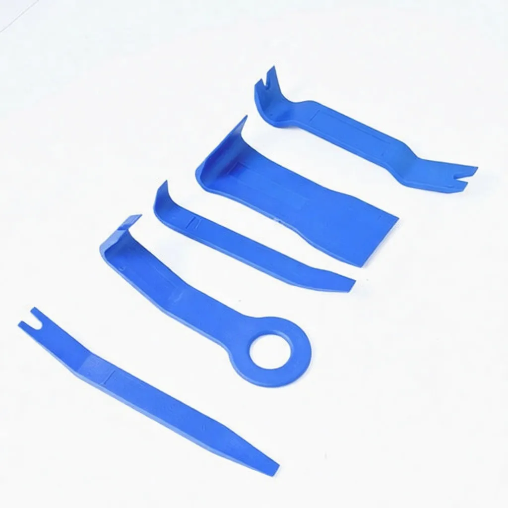Five blue plastic trim removal tools laid out, variety of forked, curved and flat pry shapes, each with white brand markings.