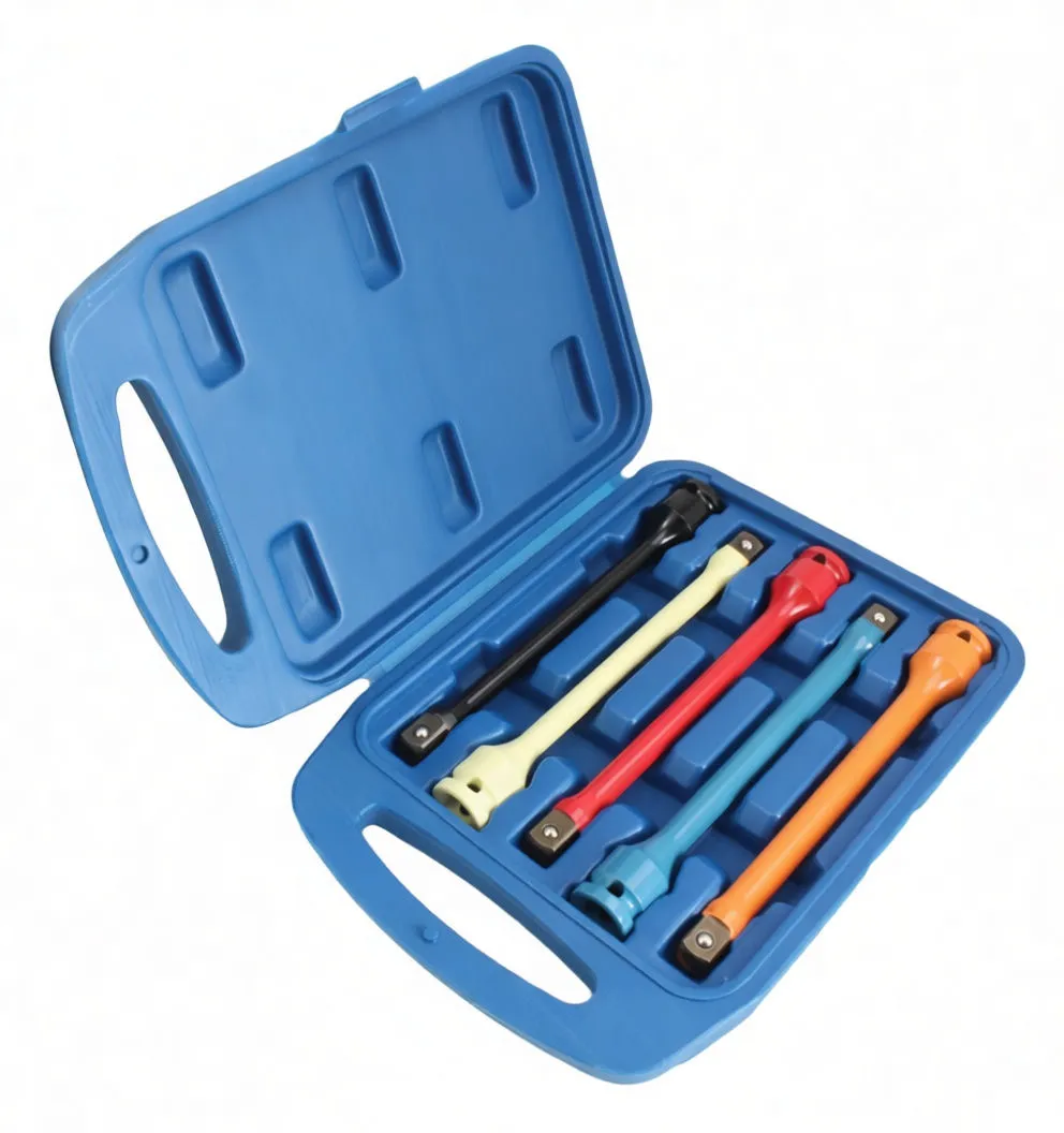 Five colored torque-limiting extension bars laid out on a white surface showing ends, detents, and printed markings.