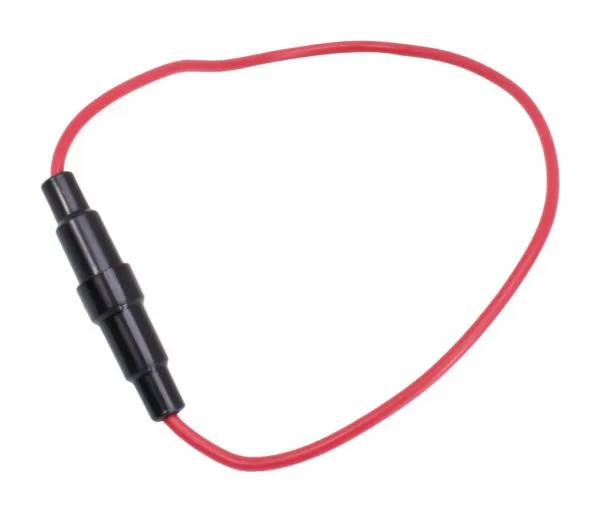 Red cable forming a loop with a ribbed black plastic inline fuse holder (three stepped sections) in the center, no visible text