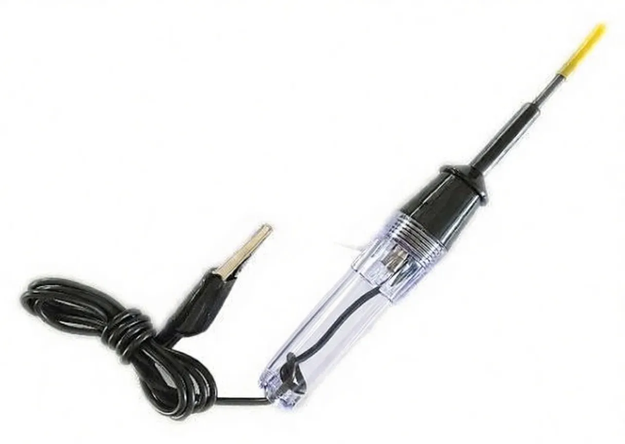 Translucent circuit tester with visible internal lamp, yellow probe tip and black alligator clip