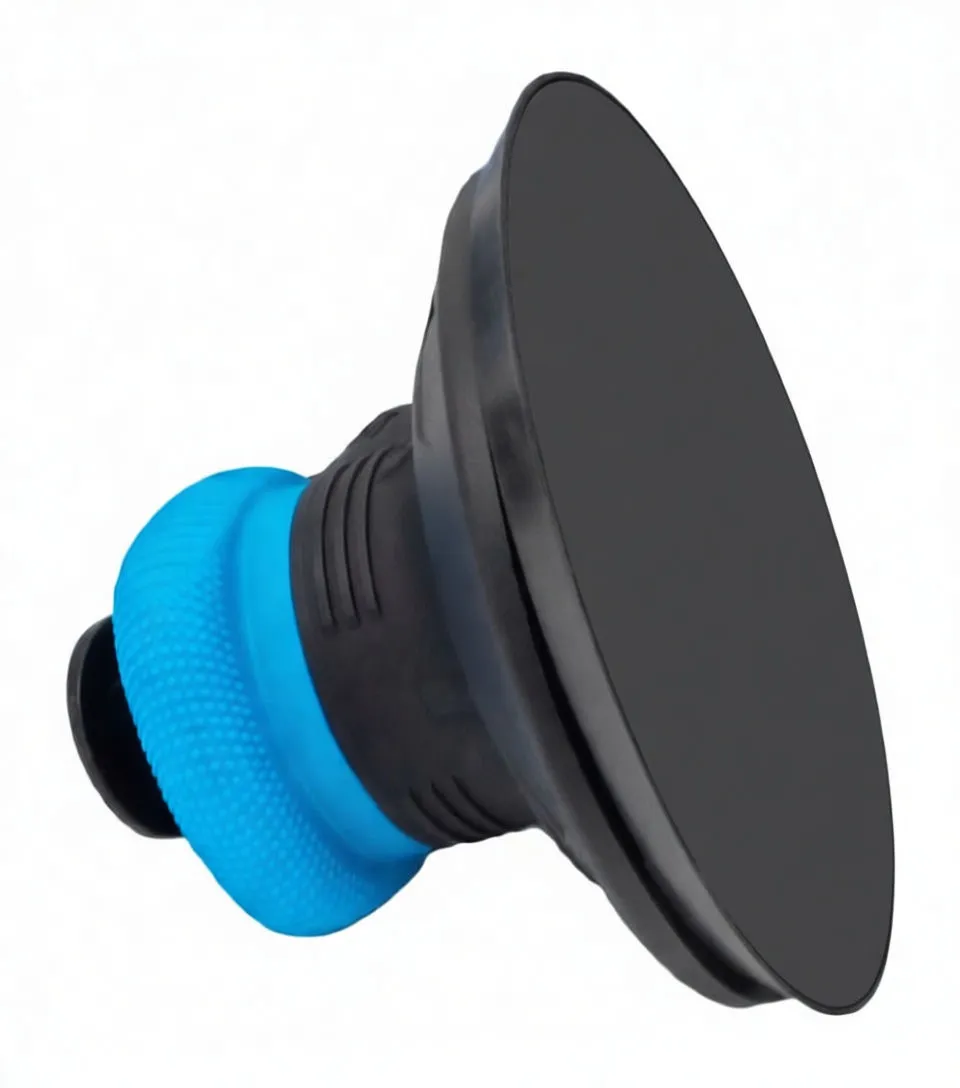 Angled shot of orbital sander showing blue ergonomic top, black round sanding pad and vacuum socket