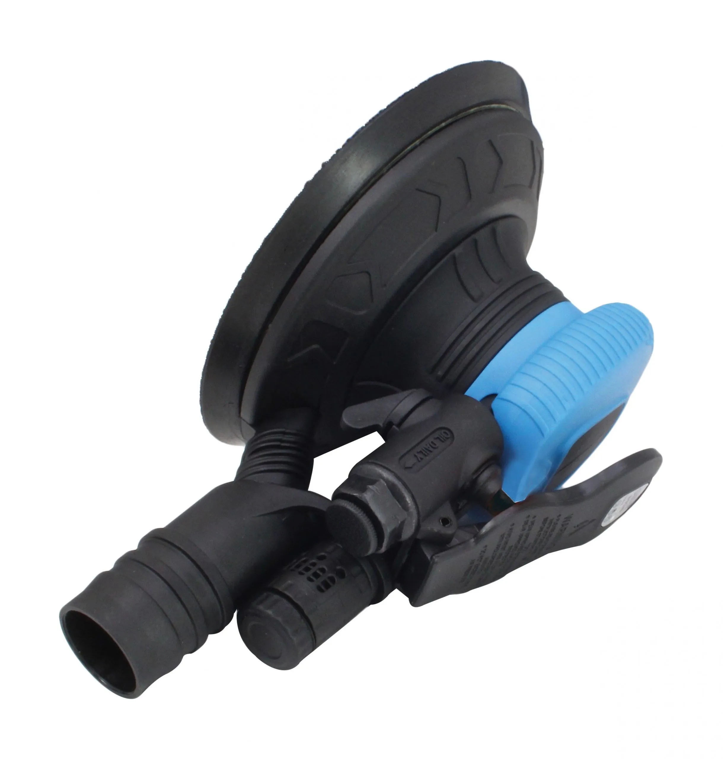 Angled side view showing air inlet/hose adapter, flow control knob and trigger lever on black-and-blue orbital sander