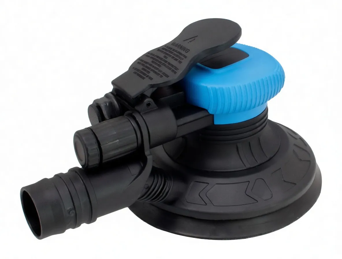 Side close-up of sander showing lever with warning text, blue grip ring, hose connector and CE label