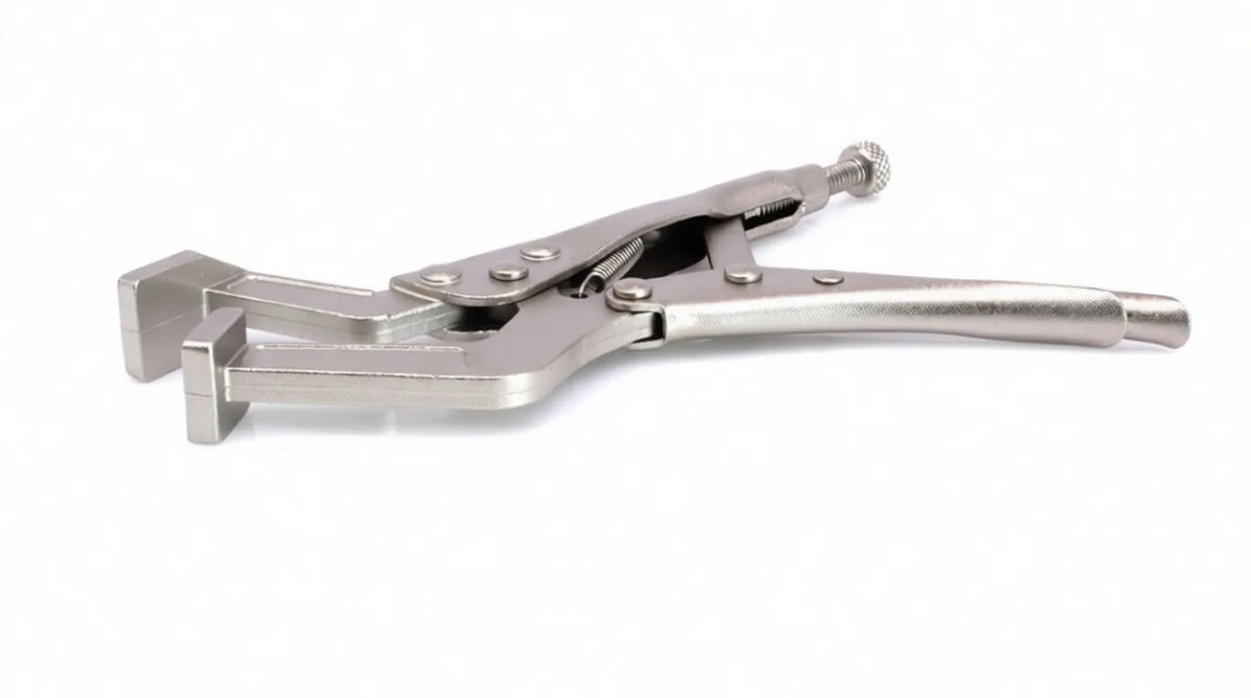 Side profile of silver locking plier showing curved handles, rivets and wide square jaws