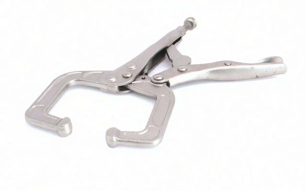 angled view of chrome locking C-clamp pliers with rounded jaw tips and contoured handles