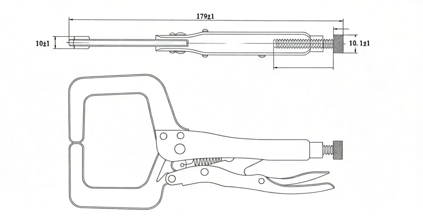 technical drawing of locking C-clamp with dimensions and 'CHROM VANADIUM' label