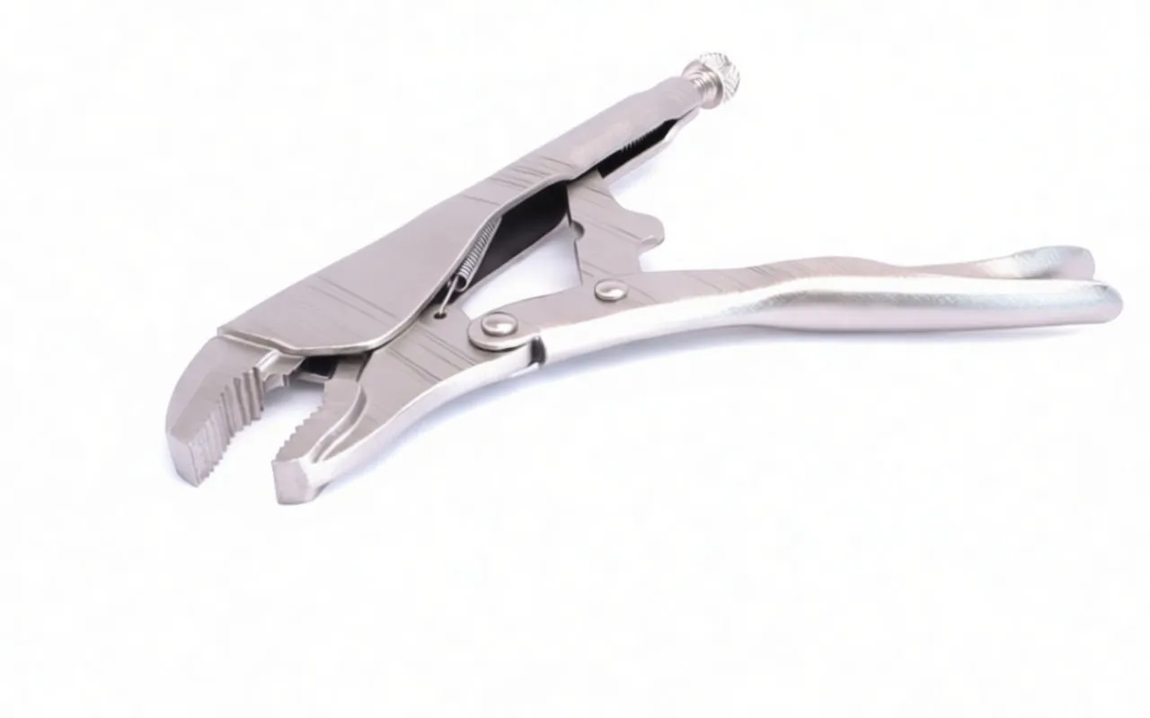 Close-up of locking pliers from the adjustment-screw end showing handles, release lever and serrated jaws.