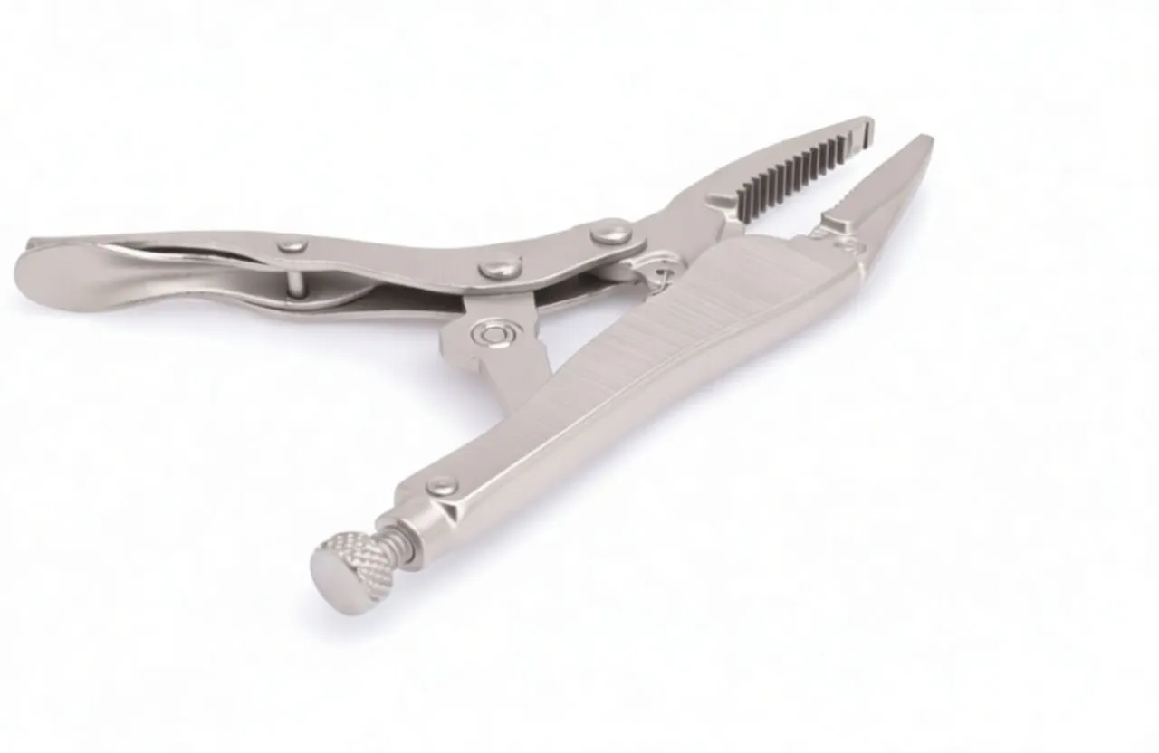 Angled view of long-nose locking pliers lying on white background, showing jaws and adjustment screw