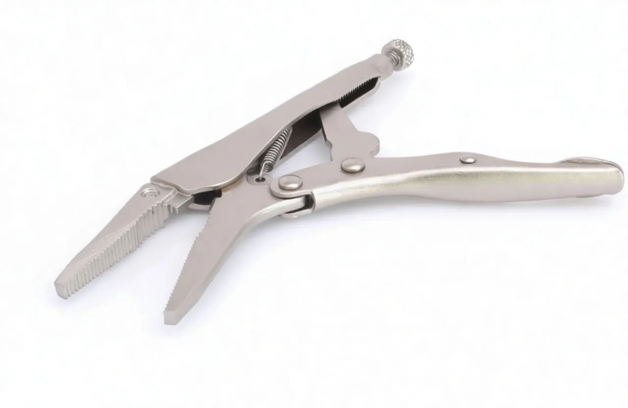 Close-up of open long-nose locking pliers showing serrated jaws, pivot and knurled adjustment screw