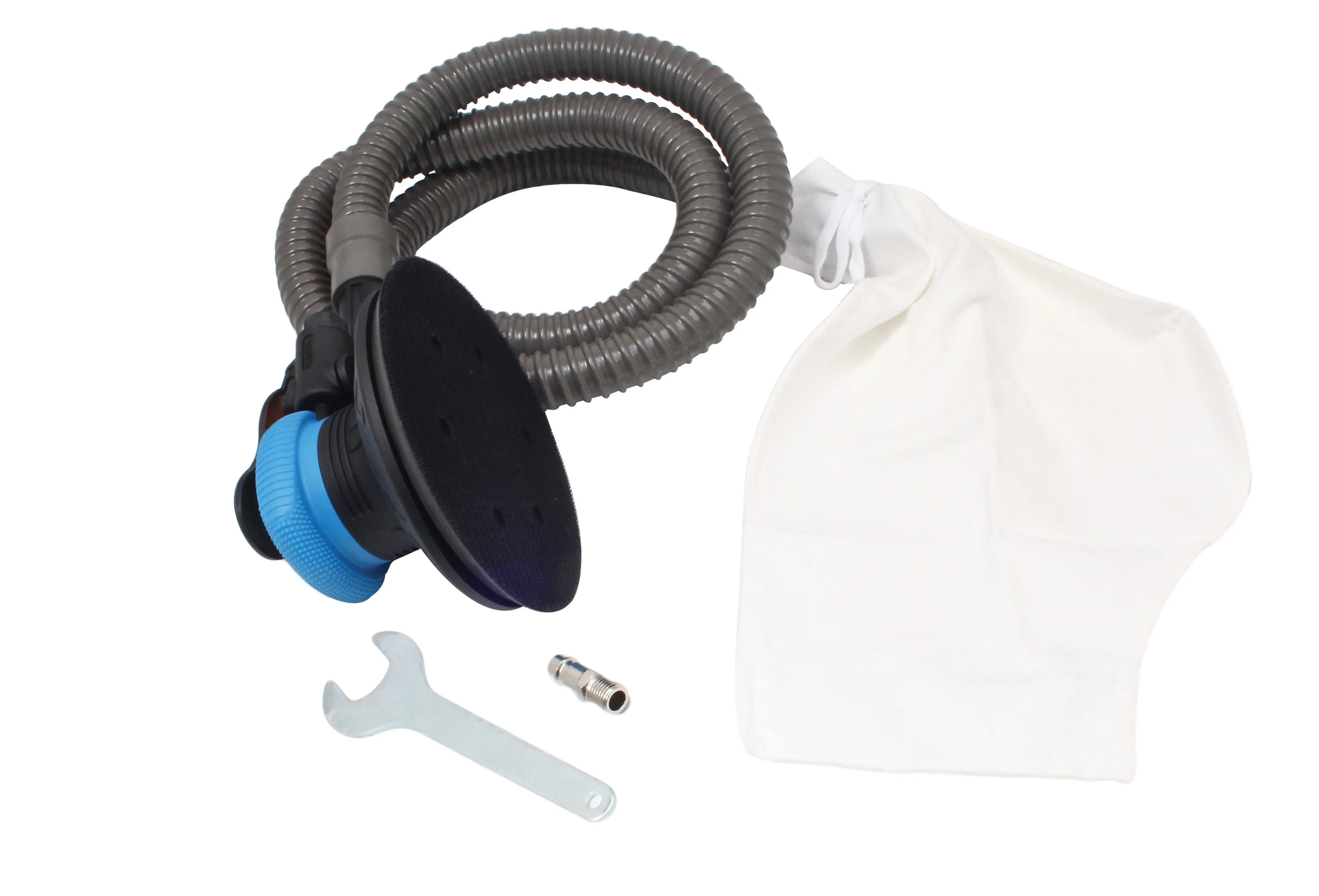 top view of orbital sander pad, blue housing, hose to dust bag, wrench and fitting