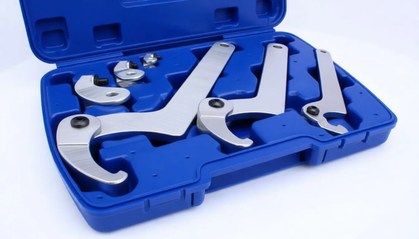 Perspective shot of blue tool case with three hook wrenches and three adapter pieces neatly fitted inside
