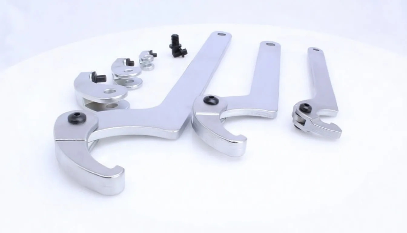 Three silver hook wrenches and loose adapter pins and screws on a white background, showing stamped markings on the handles