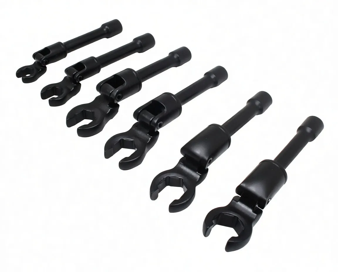 Angled close-up of fanned crowfoot wrenches showing pivot joints, U-shaped jaws and socket ends