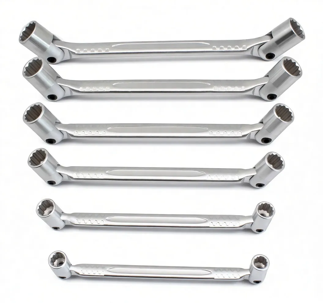 Six chrome double-ended flexible socket wrenches arranged in a row showing swivel box ends, textured shafts and embossed size markings