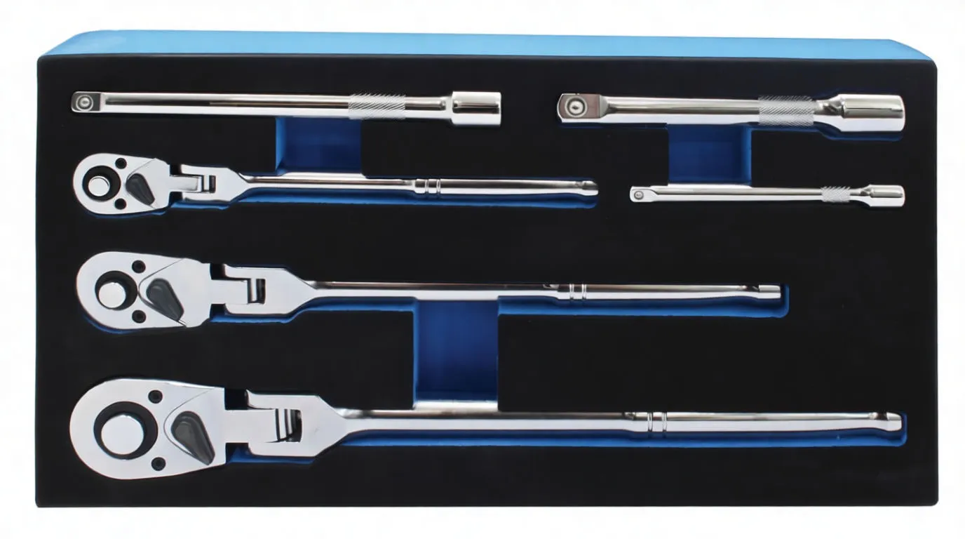 Front view of foam tray with three flex-head ratchets, three extension bars and printed size labels and satra logo