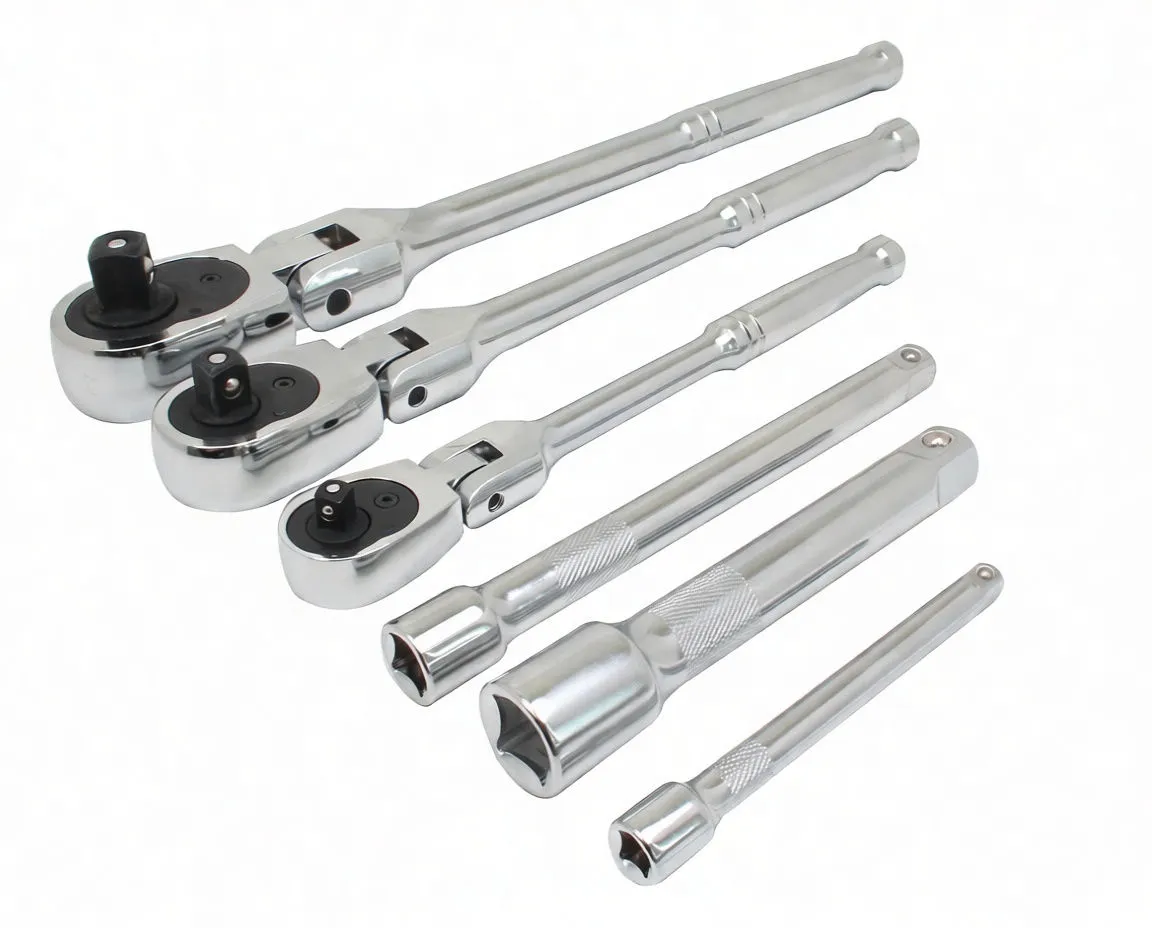 Oblique view of three flex-head ratchets and three extension bars on white background showing knurled grips and varying lengths