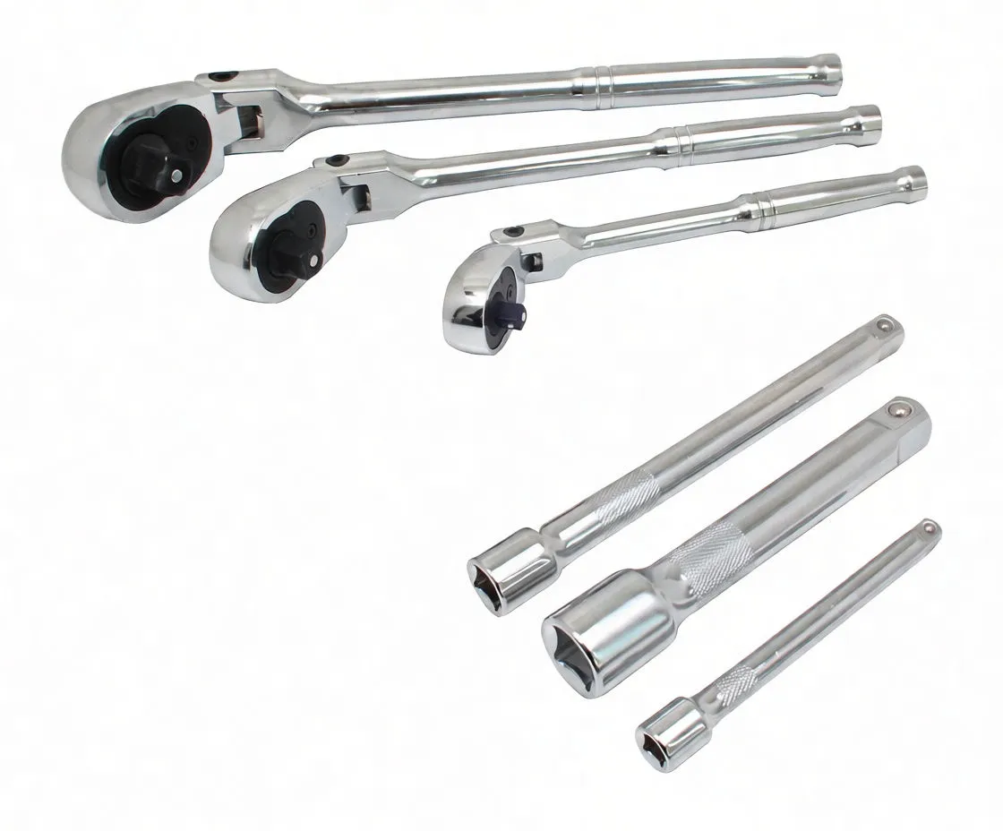 Angled layout of chrome flex-head ratchets and extension bars showing pivot heads, reversal levers and stamped drive size markings