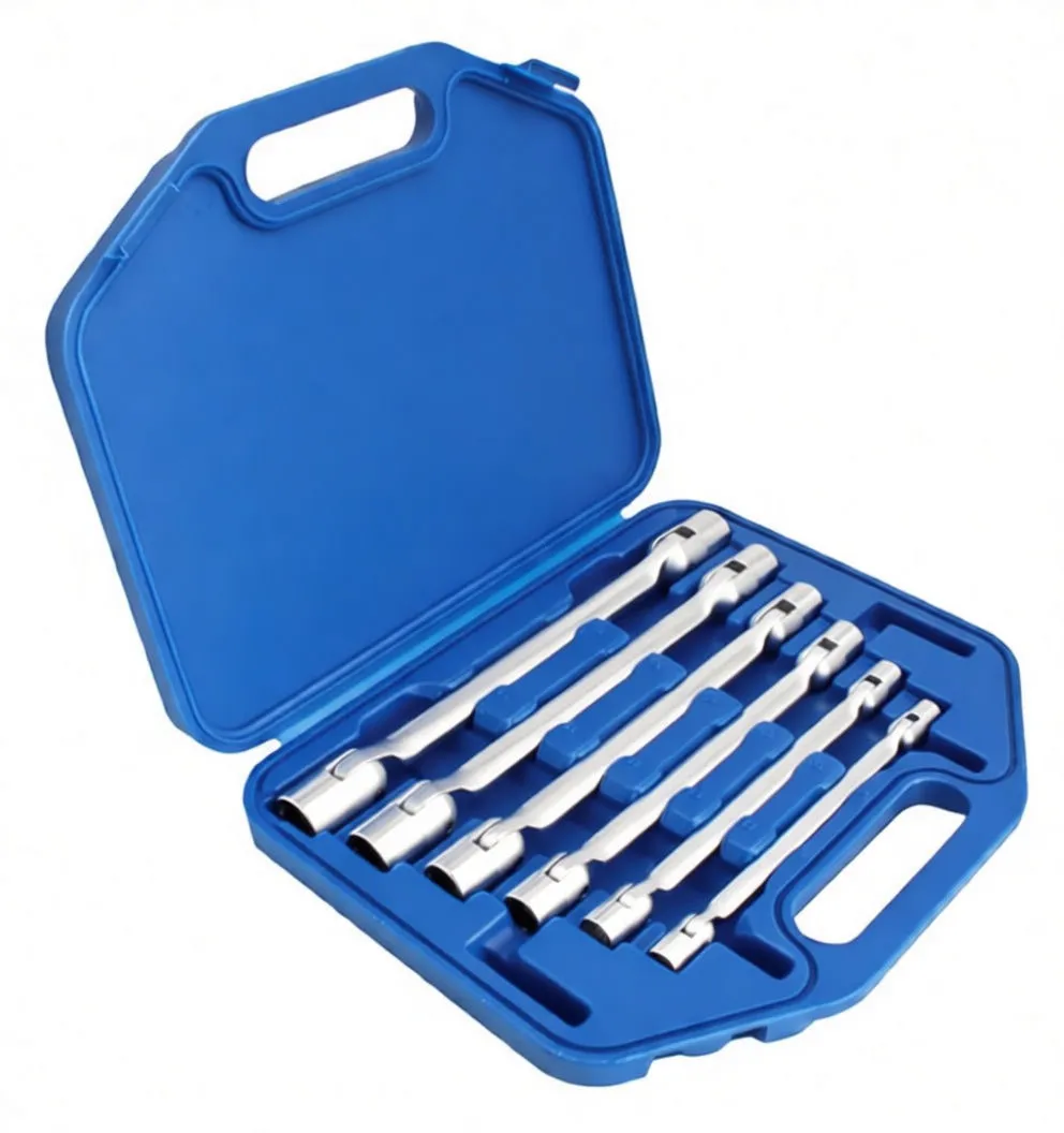 Top view of blue case with six chrome double-headed flexible socket wrenches aligned in molded slots and a clear lid window