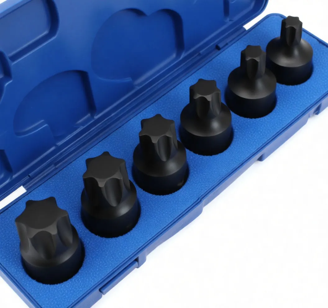 Angled open blue case showing six black impact Torx bit sockets in molded compartments