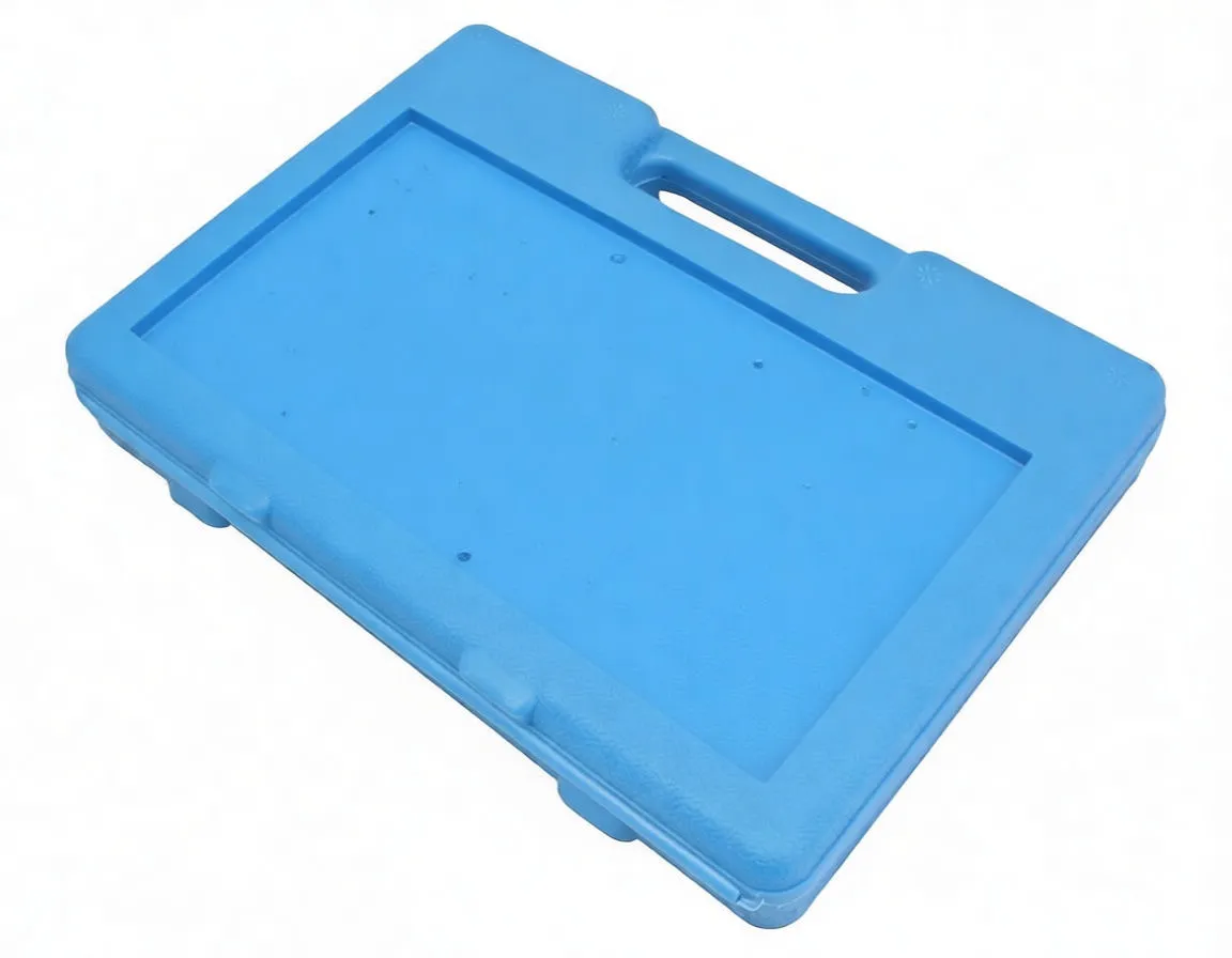 closed blue carrying case with product label and barcode