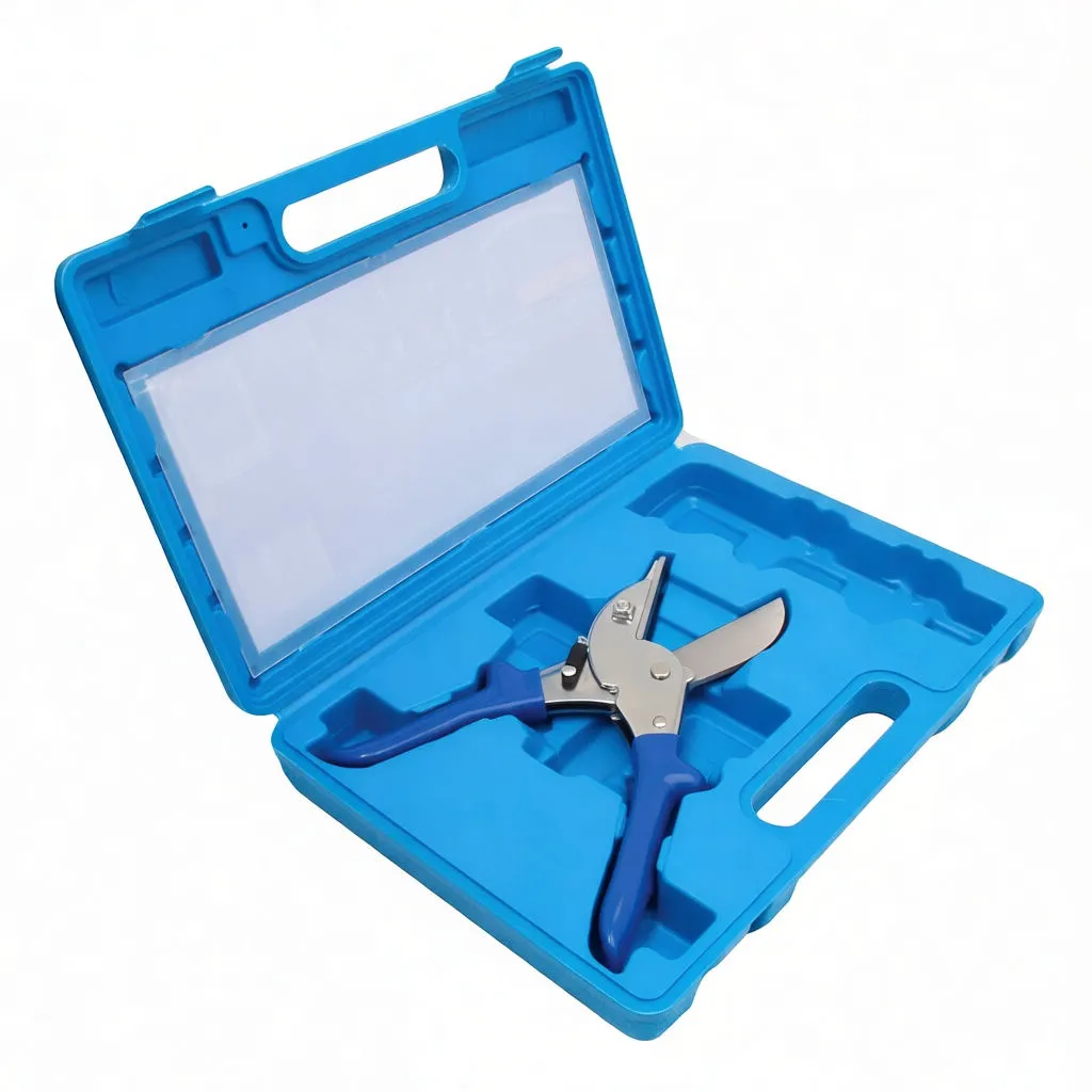 angled open case showing shears and three spare jaw pieces