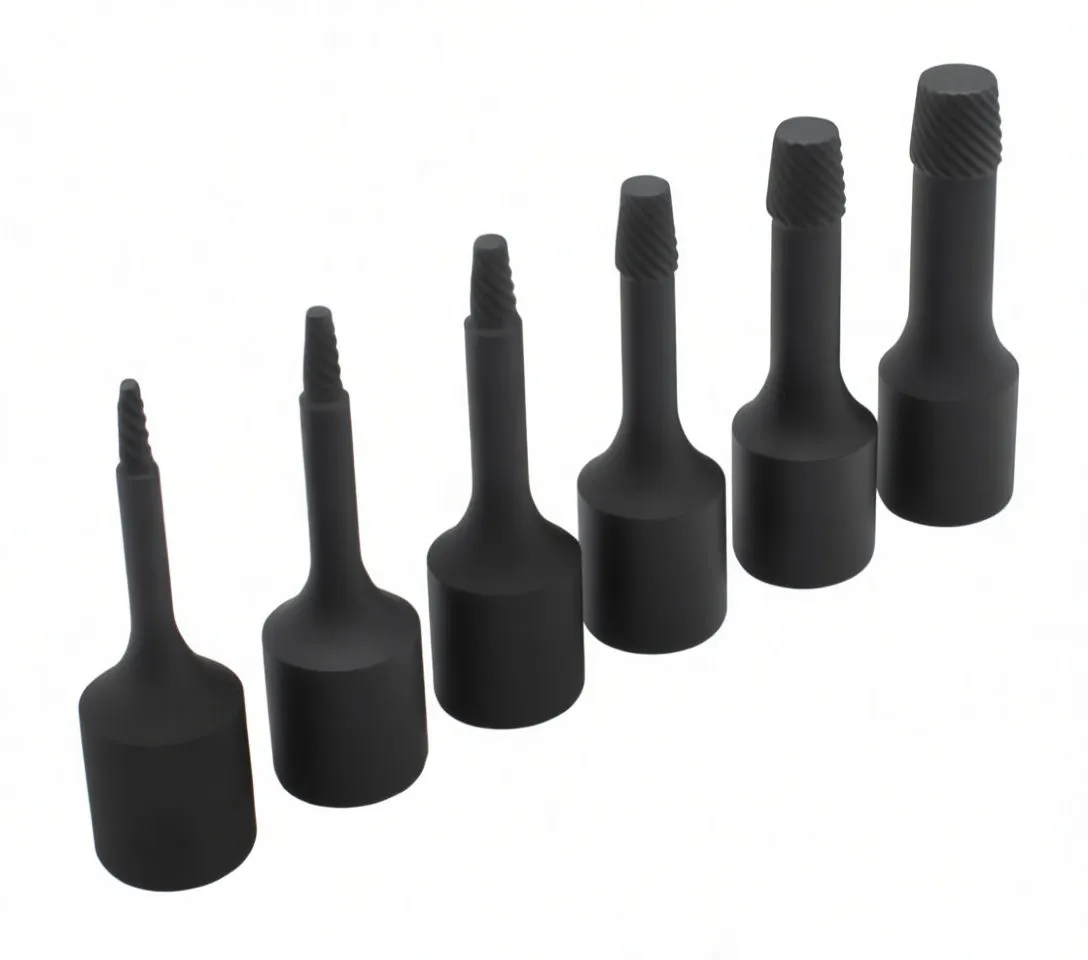 Six black nut twister extractor sockets lined up by size, showing cylindrical bodies with 'satra' marking and long spiral serrated tips.