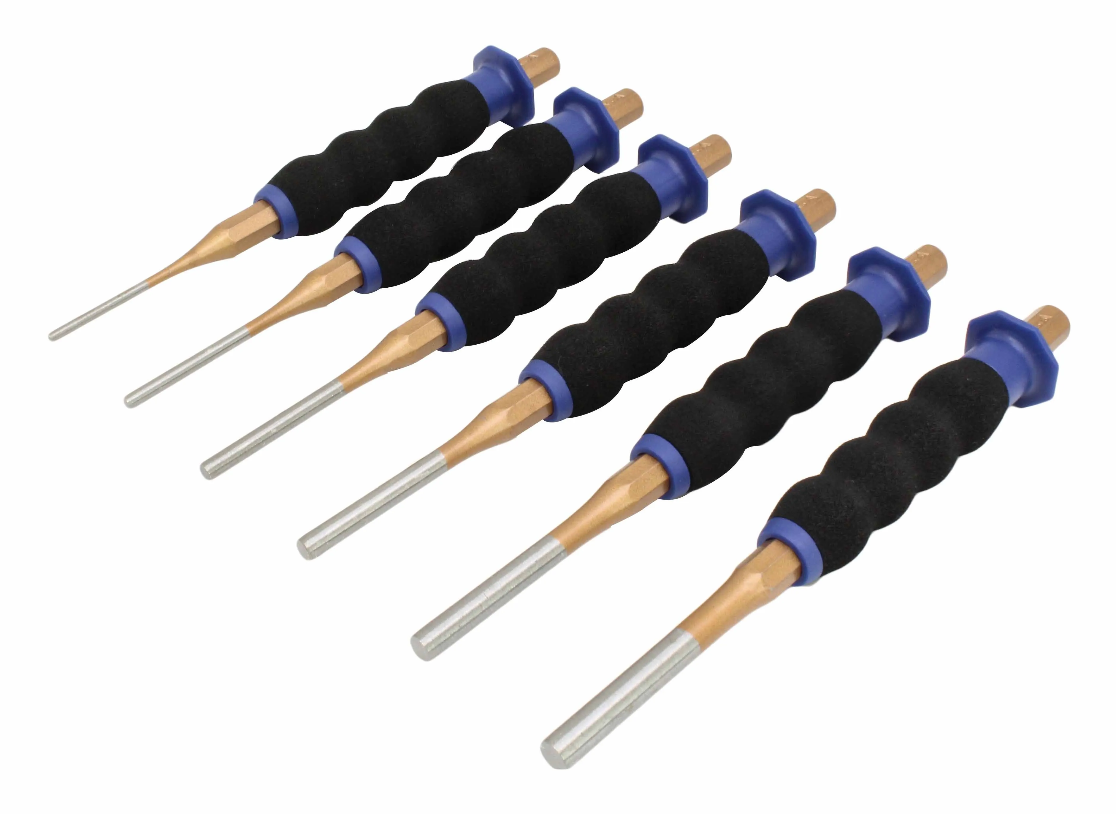 Six individual pin punches with black foam grips, bronze ferrules and silver shafts arranged on white background.