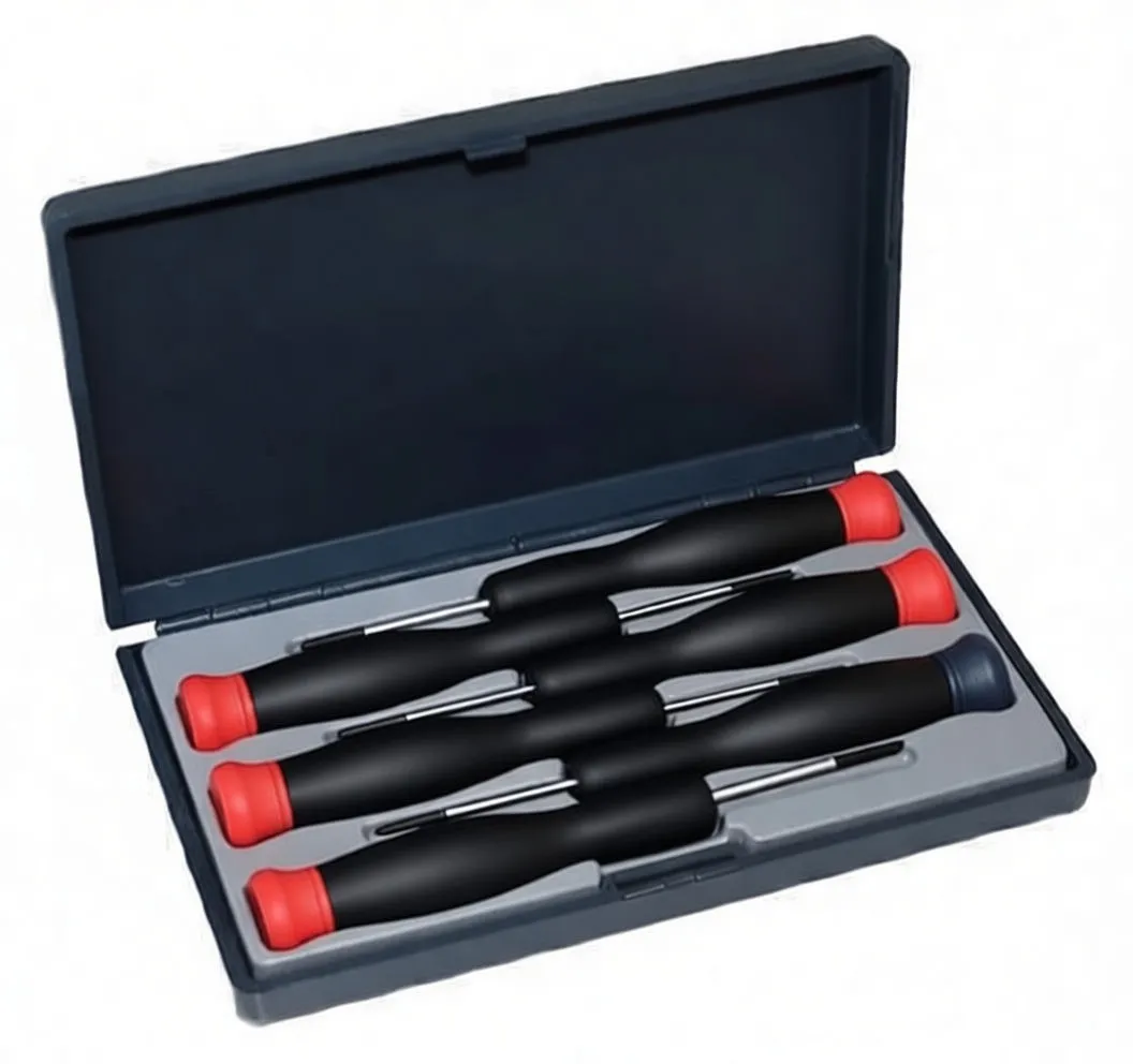 Six ASTA precision screwdrivers with black handles and red or blue end caps laid out on white background