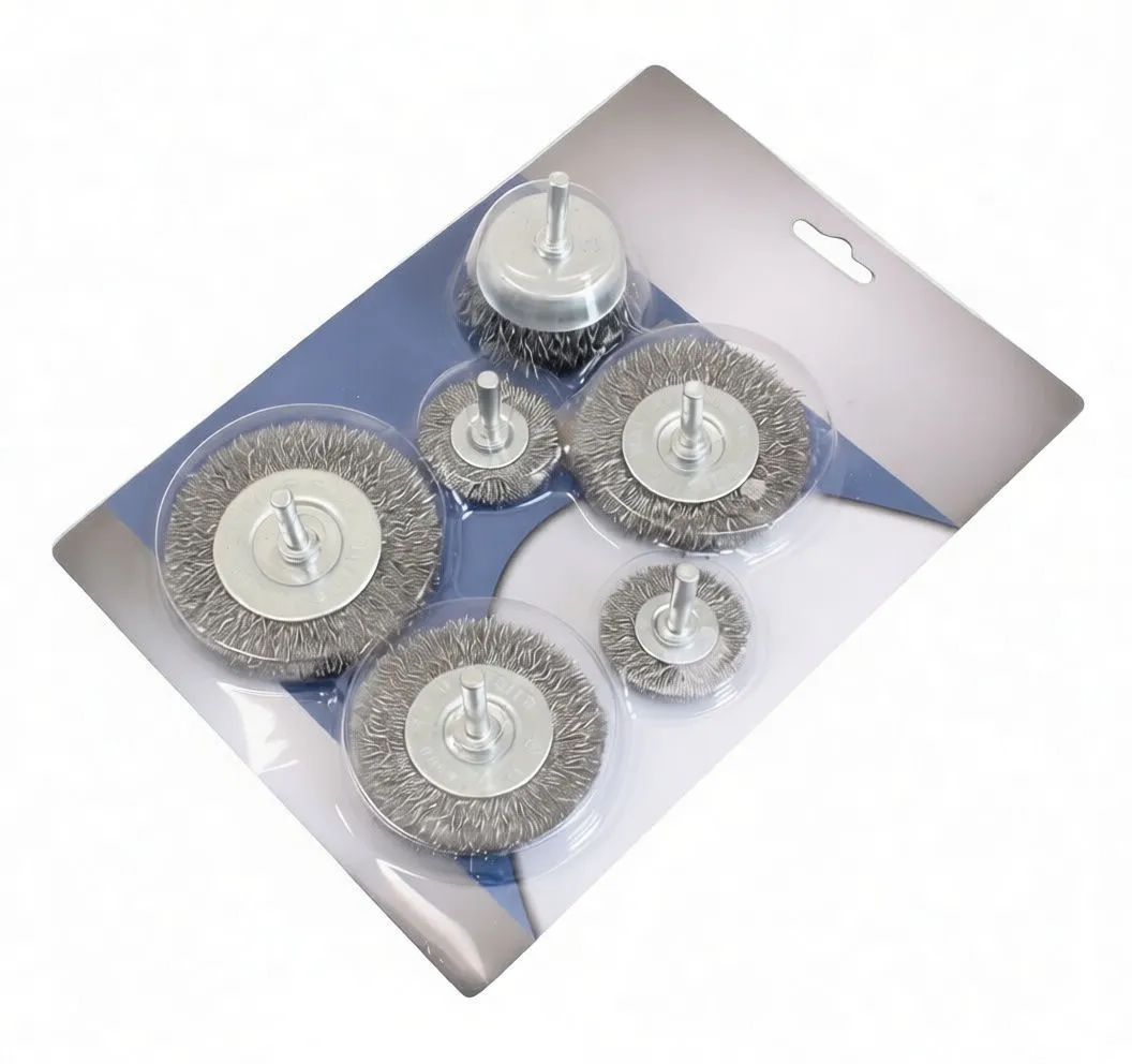 Blister pack of six shaft steel wire brushes with printed card showing brand name and 6PCS/SET label