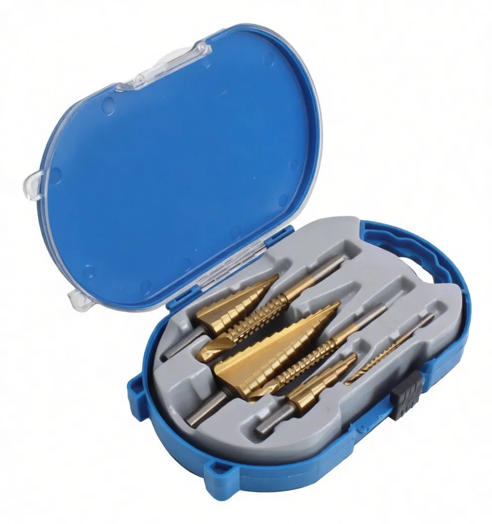 Angled shot of an open blue case with gold step drill bits in grey foam, clear lid with black rim, and black latch visible.