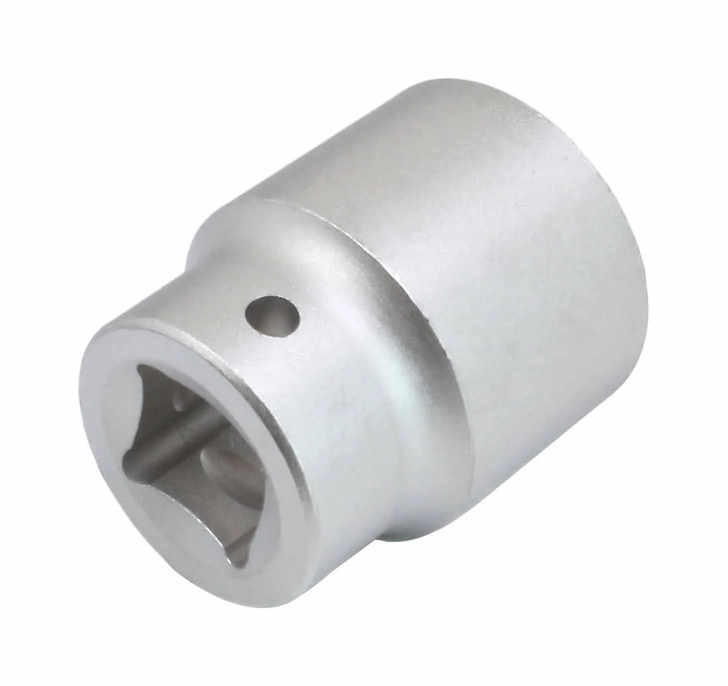 Drive end of socket with square drive hole and detent pin hole visible