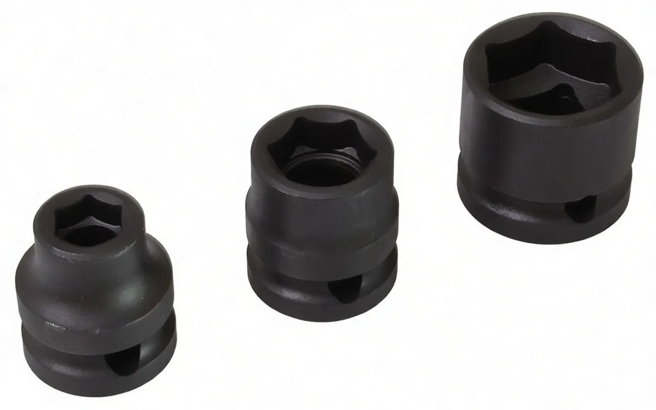 Close-up of three black ASTA CR-MO impact sockets showing 6-point hex recesses, square drive holes and size marking '21mm'.