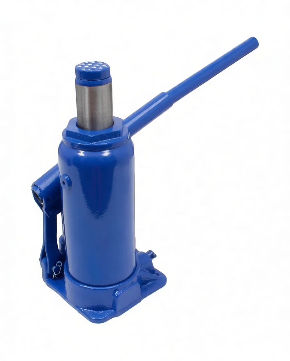 Rear three-quarter view of bottle jack with handle angled and piston extended