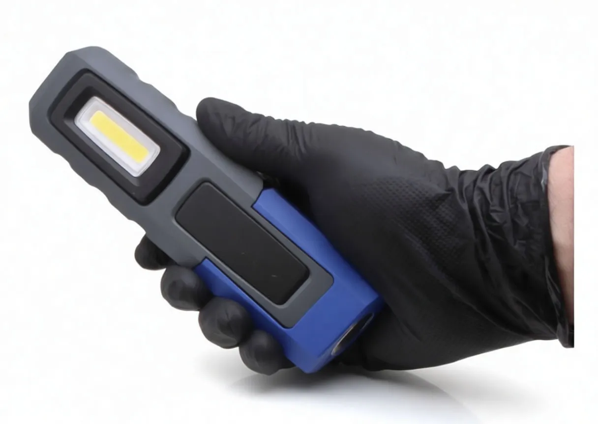 Work light lying down with COB panel lit, showing ASTA branding and broad illumination