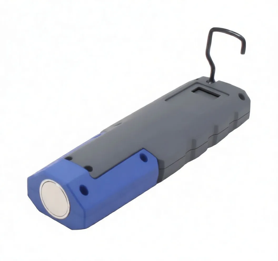 Rear view of work light showing magnetic base, metal hook deployed and product label