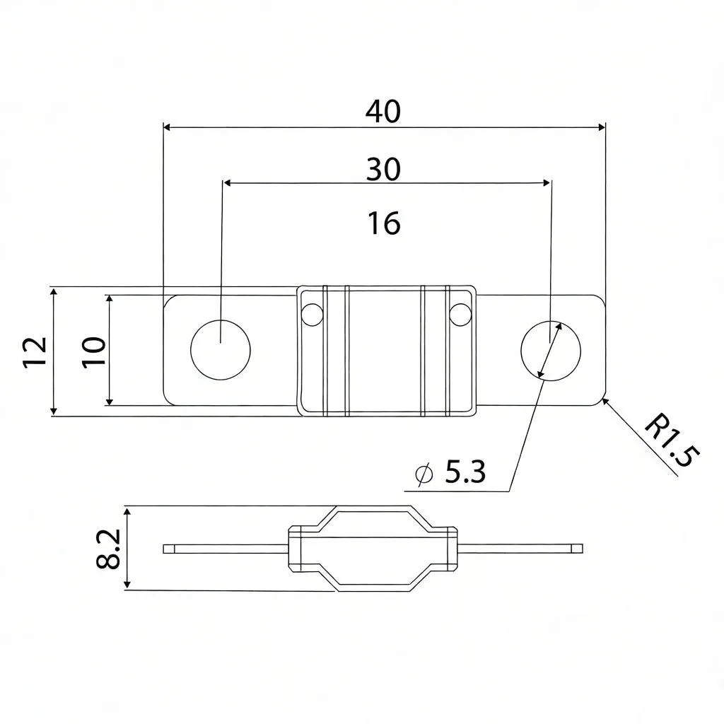 Engineering drawing of a 60A MIDI bolt fuse showing top and side views with dimensions (40 mm length, Ø5.3 mm holes, 8.2 mm height).