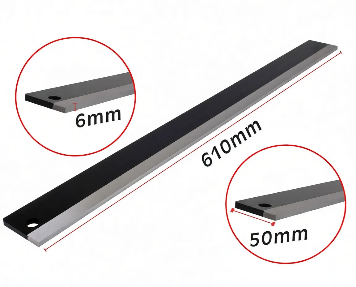 Straight edge with graphic dimension callouts '610mm', '50mm' and '6mm' plus close-ups of the end profile and logo.