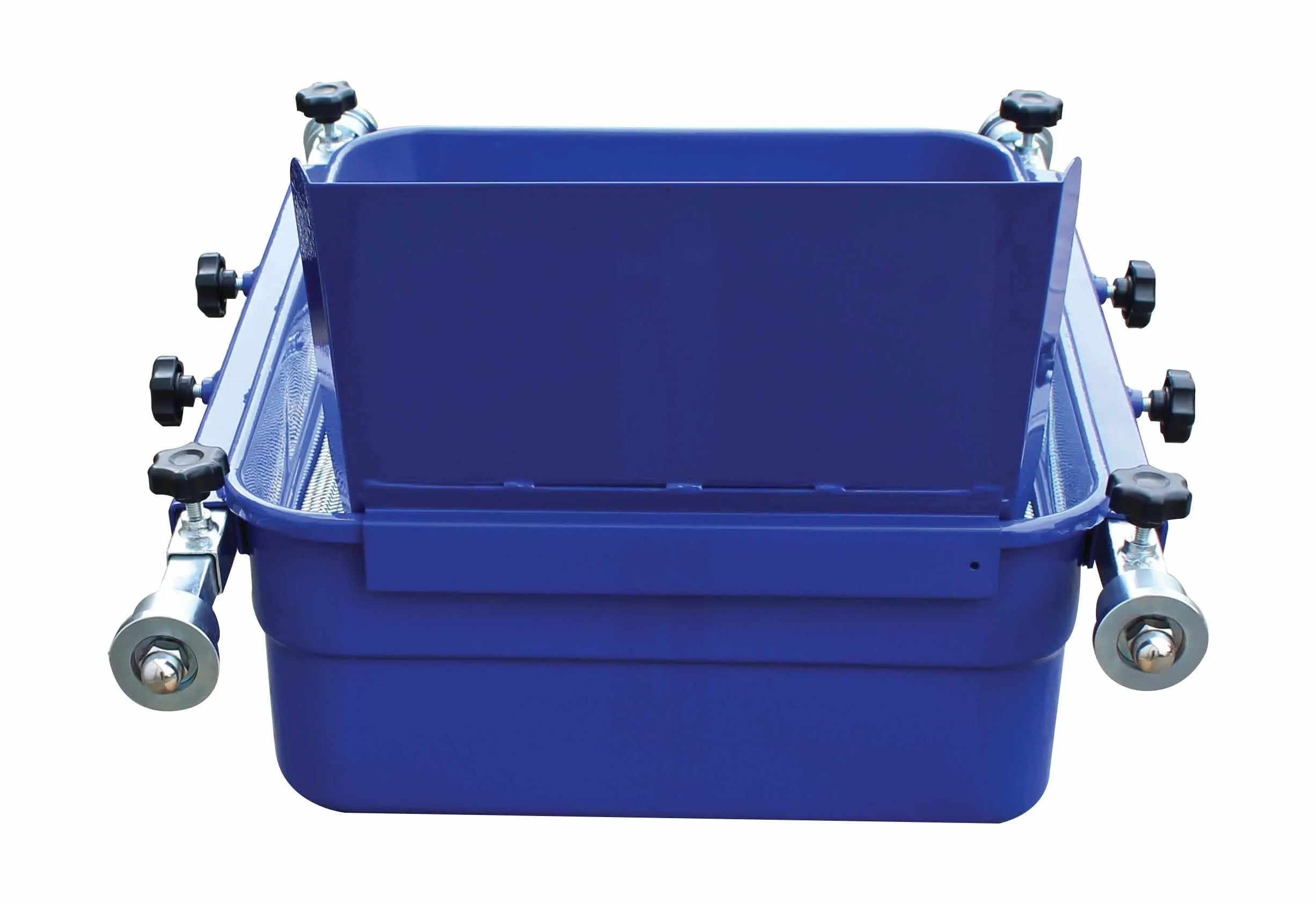 Rear view of blue drain pan with upright splash shield, mesh insert, side rails and multiple clamping knobs